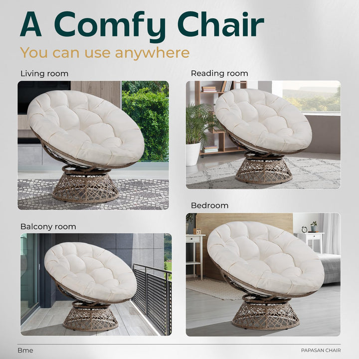 Papasan chair with arctic snow cushion and brown frame for casual indoor seating