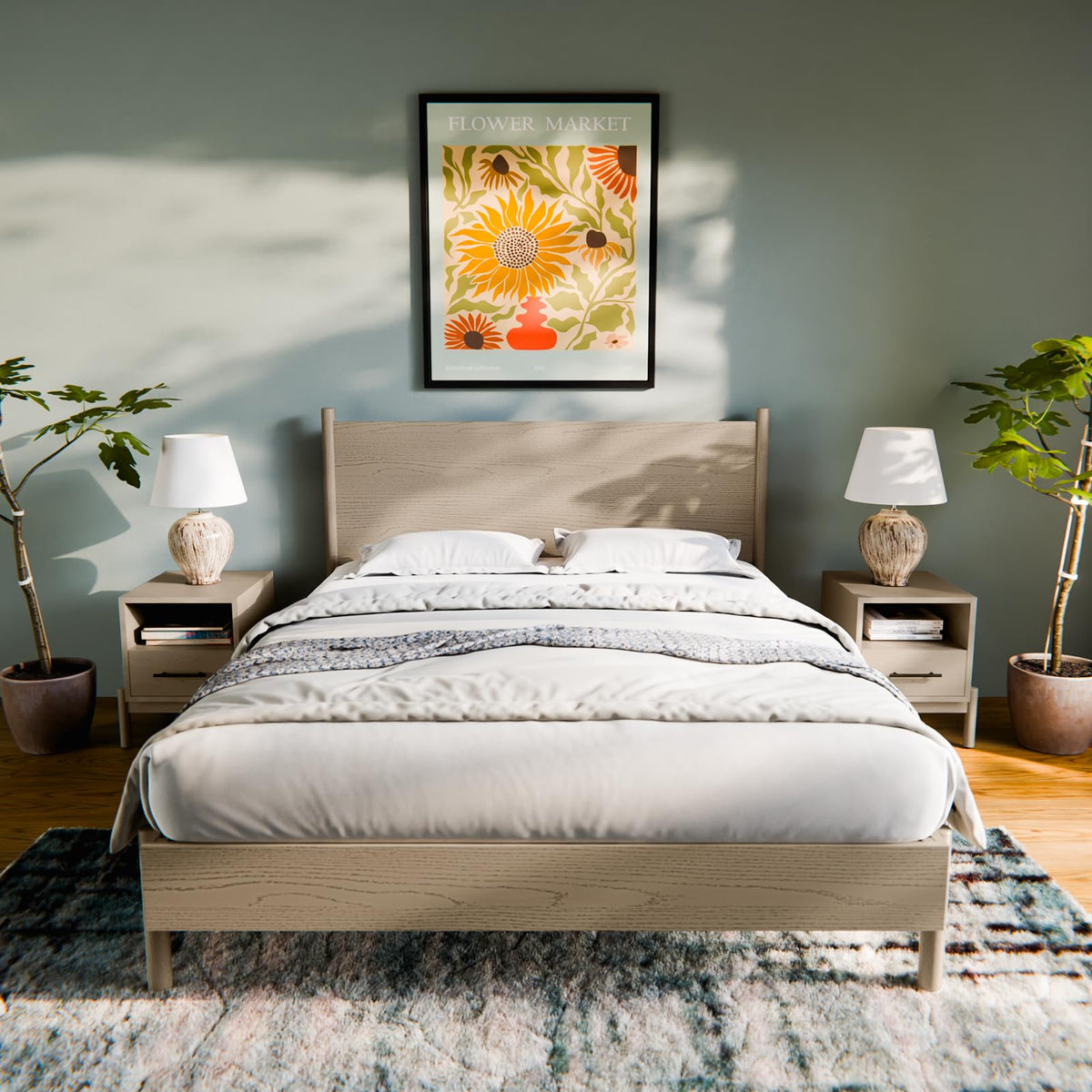 Lyra queen platform bed frame, featuring light grey finish, for a platform bed setup