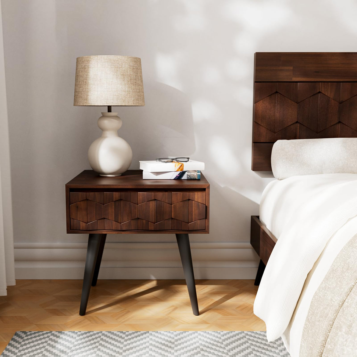 Georgina 1-drawer side table with walnut finish and sofa-side or bedside table; for everyday side-table use