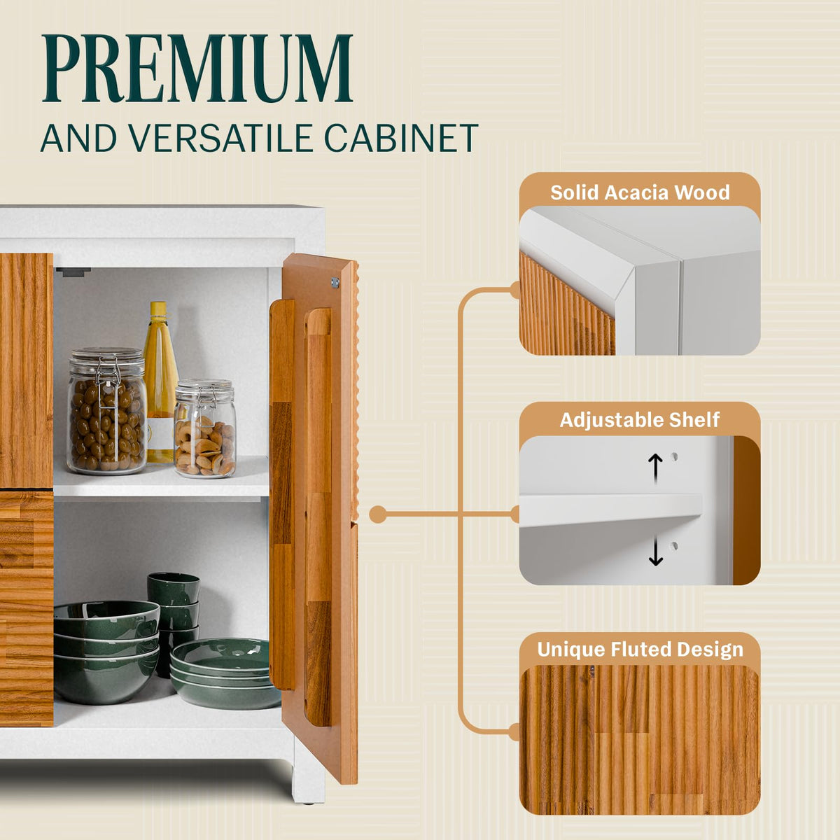 Madia 2-door storage cabinet with ivory white & teak brown finish and living or dining room storage; for home organization