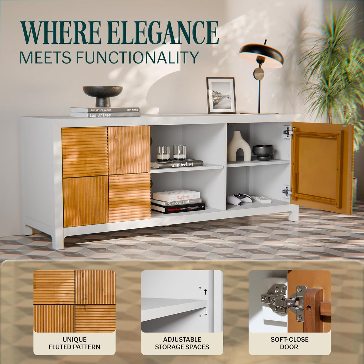 Madia TV stand, featuring ivory white & teak brown finish and media storage, for TV placement
