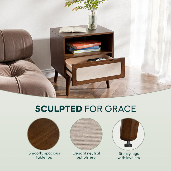 Calista 1-drawer nightstand designed with rubber wood veneer, chestnut finish, and bedside storage as a bedside table
