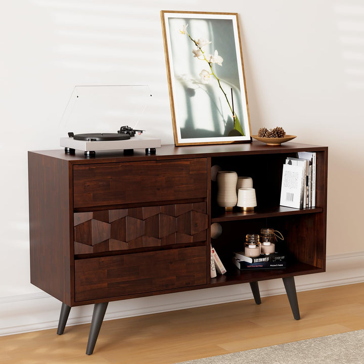 Georgina TV stand designed with 3-drawer, walnut finish, and media storage for living room media