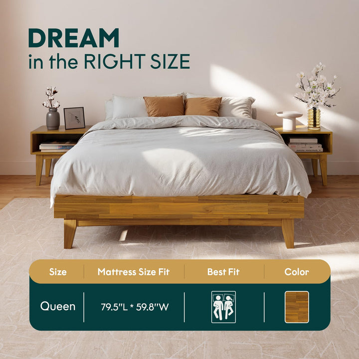 Catherine queen platform bed frame with teak brown finish for everyday bedroom use