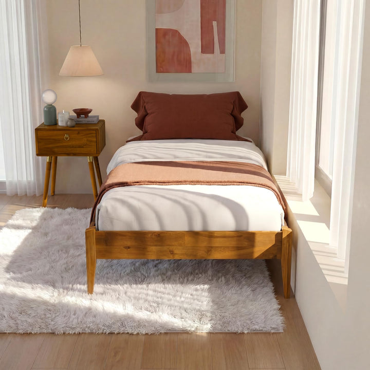 Dinkee twin platform bed frame with headboard- design and caramel finish for bedroom setup