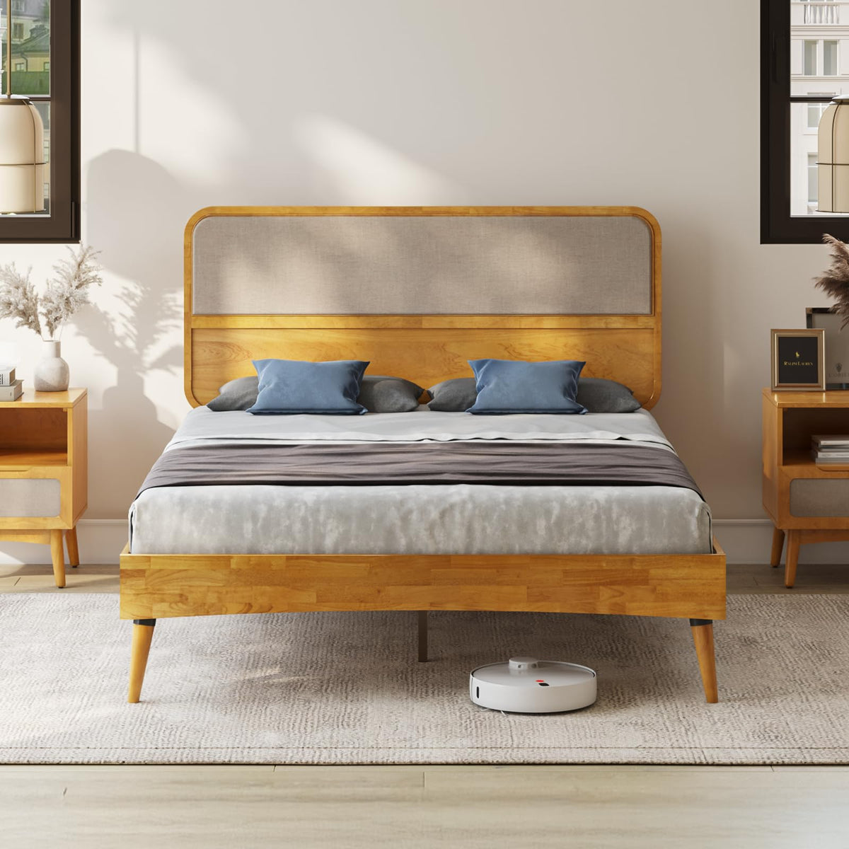 Calista queen platform bed frame with teak brown finish for bedroom setup