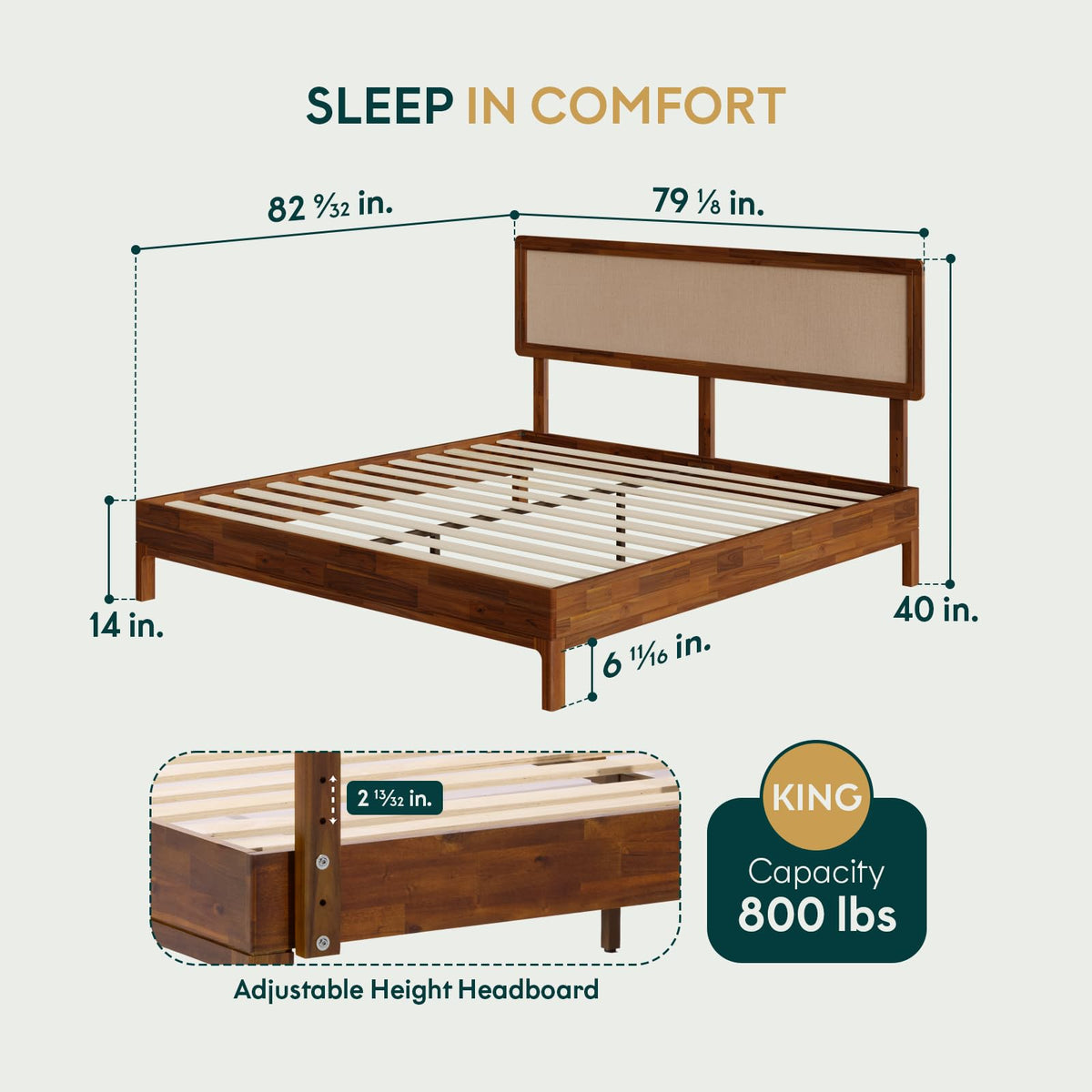 Nipe king platform bed frame with headboard, solid acacia wood, and dark chocolate finish; for bedroom furniture