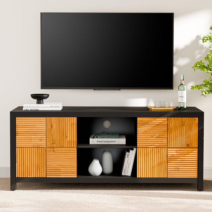 Madia TV stand with black & teak brown finish and media storage; for living room setup
