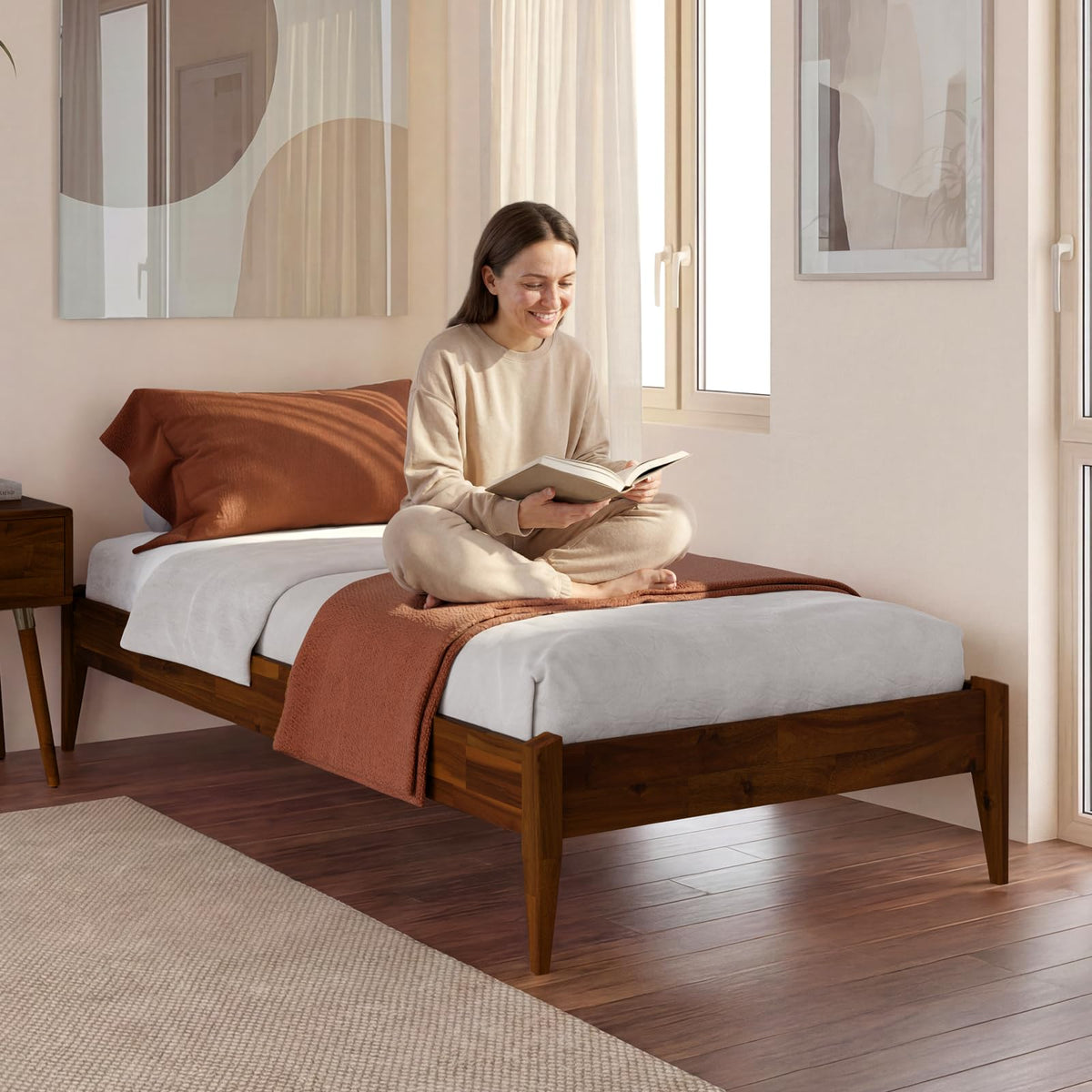 Dinkee twin platform bed frame with headboard- design and dark chocolate finish; for coordinated bed furniture
