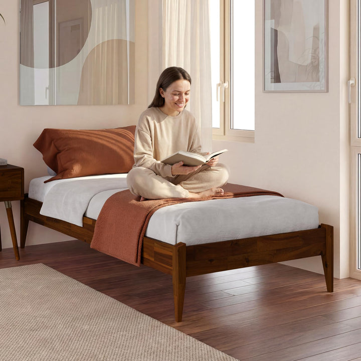 Dinkee twin platform bed frame with headboard- design and dark chocolate finish; for coordinated bed furniture