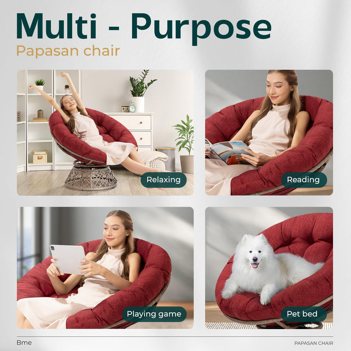 Papasan chair with cherry sangria cushion and brown frame; for reading and resting