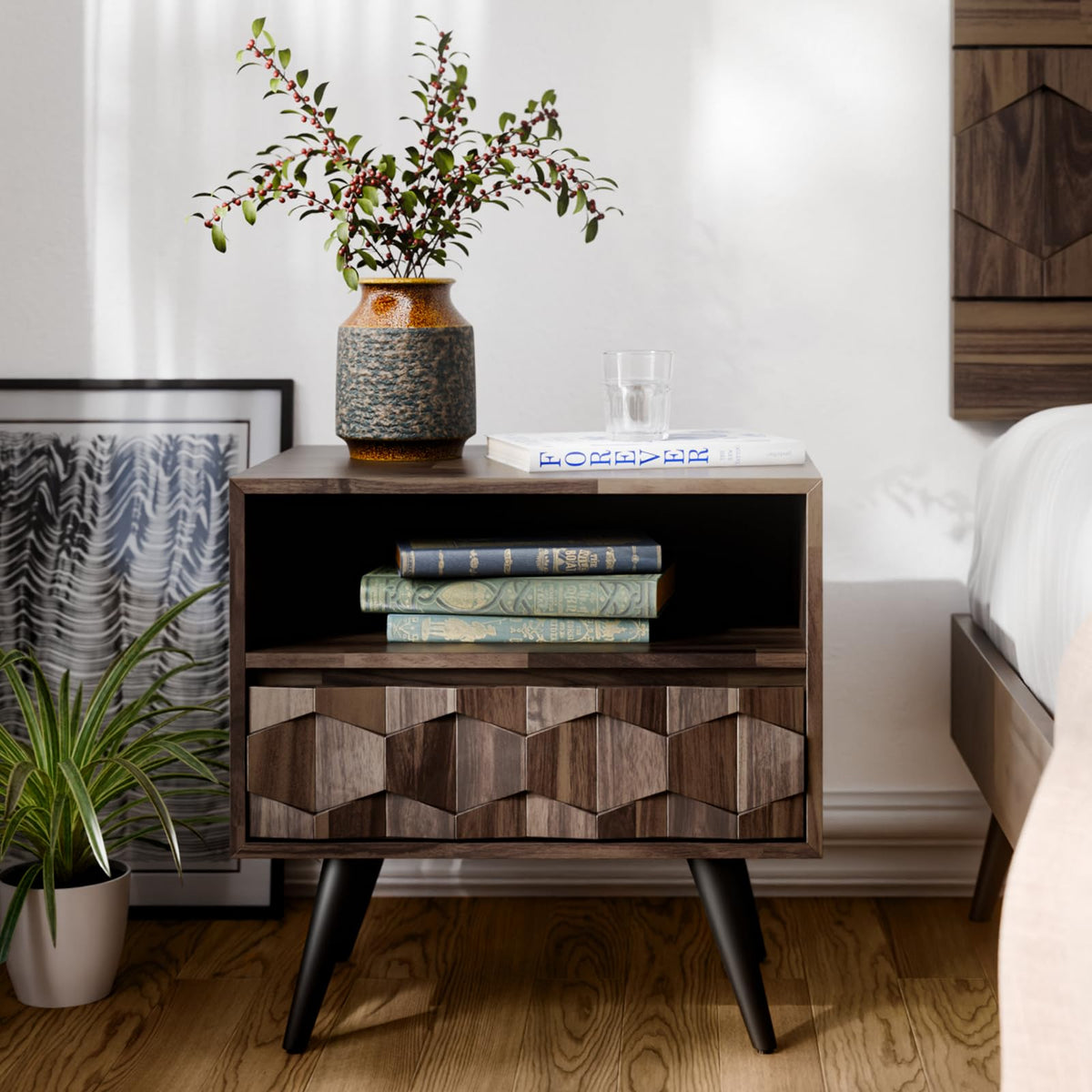 Georgina 1-drawer nightstand with mocha finish and bedside storage for bedside storage