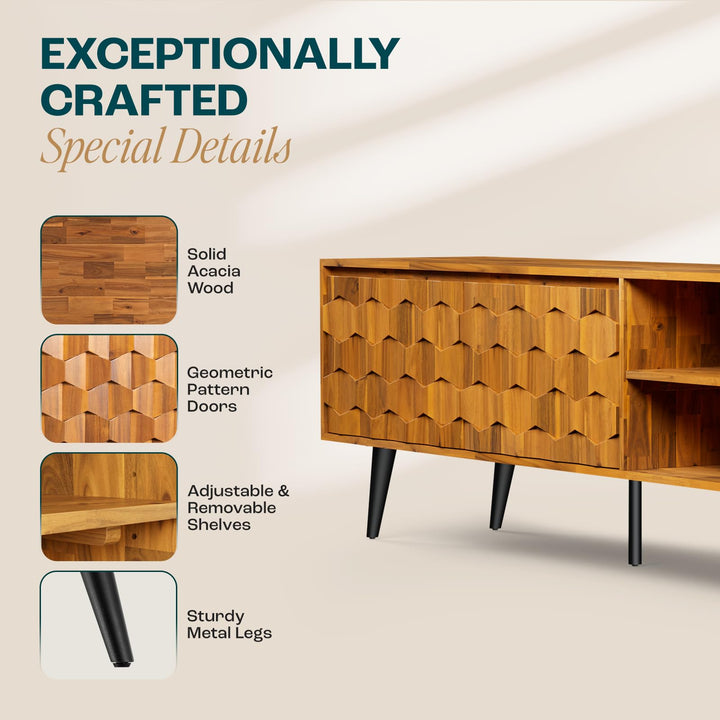 Georgina TV stand designed with 65-inch design, 2-door, teak brown finish, and media storage for living room media