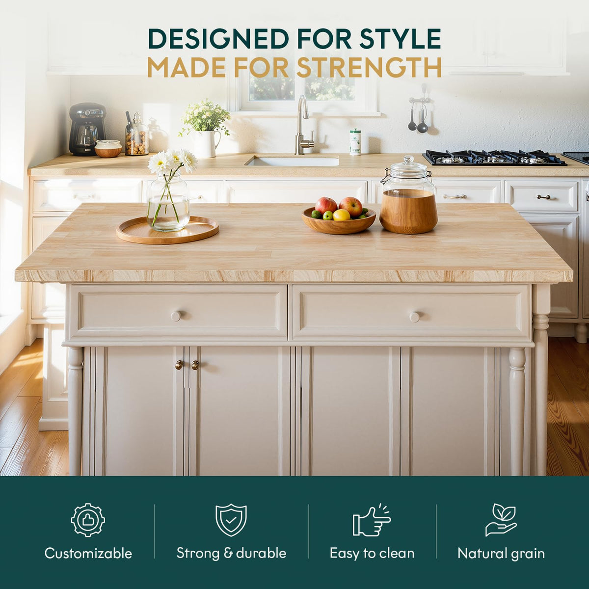 Hevea wood island countertop with 6 ft x 39 in x 1.5 in; for custom work surfaces