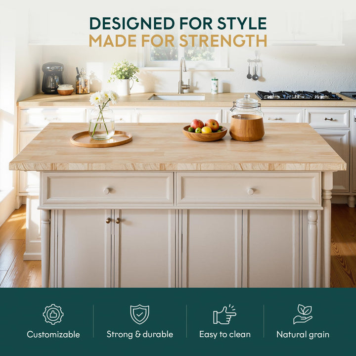 Hevea wood island countertop with 6 ft x 39 in x 1.5 in; for custom work surfaces
