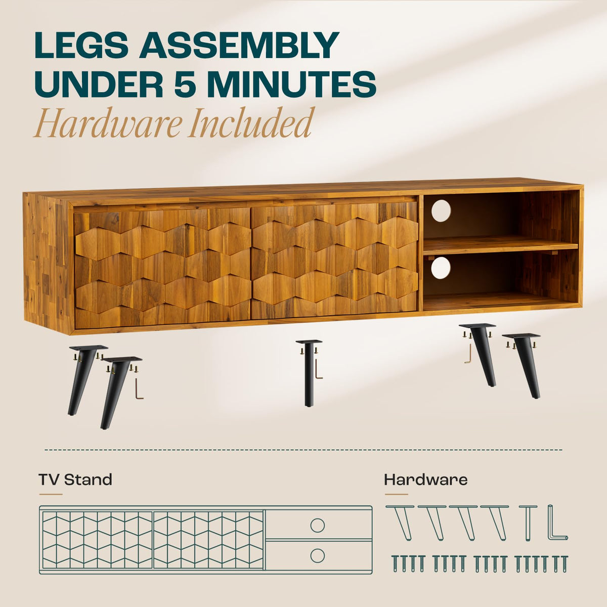 Georgina TV stand with 65-inch design, 2-door, teak brown finish, and media storage; for a home entertainment area
