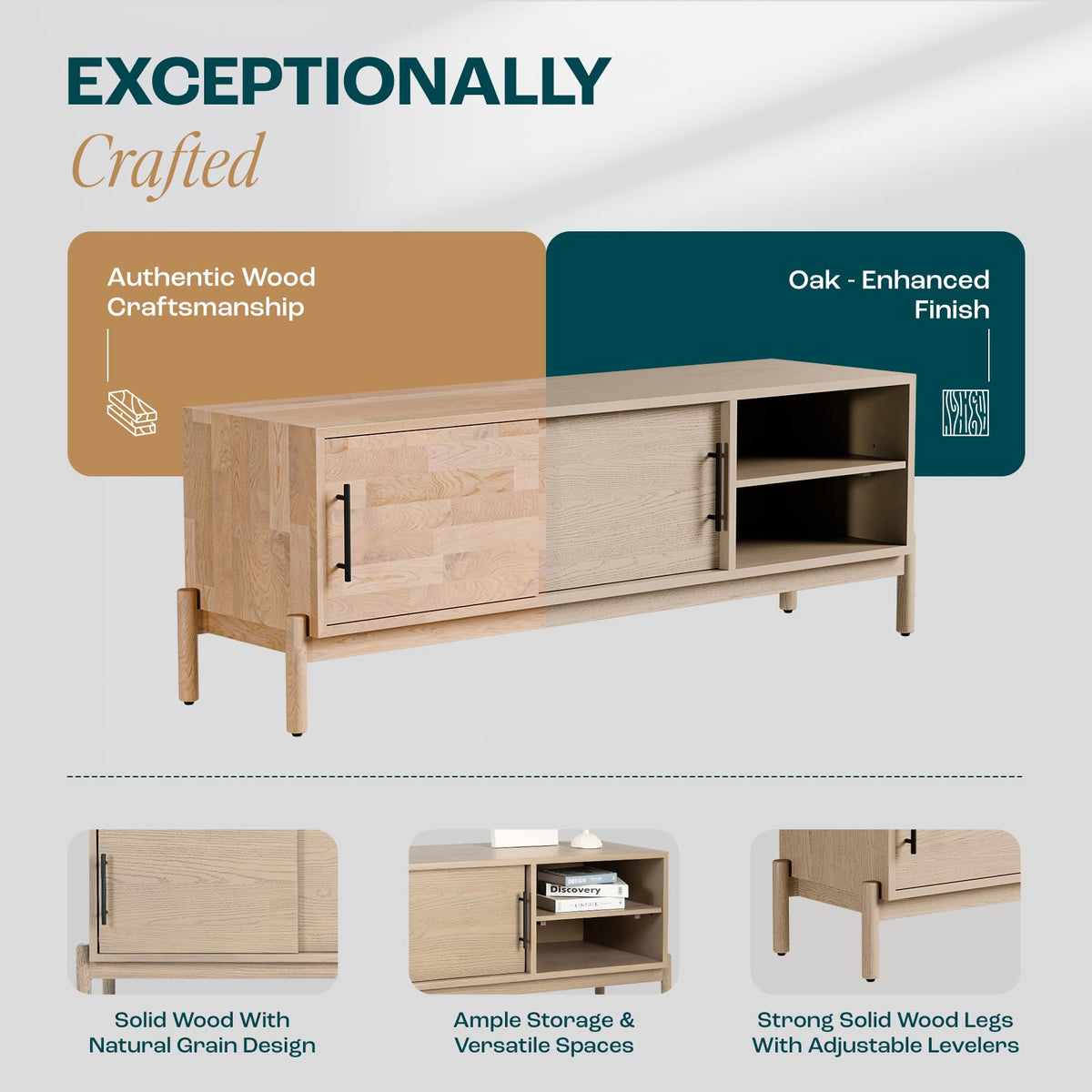 Lyra TV stand designed with 65-inch design, light grey finish, and media storage for living room media