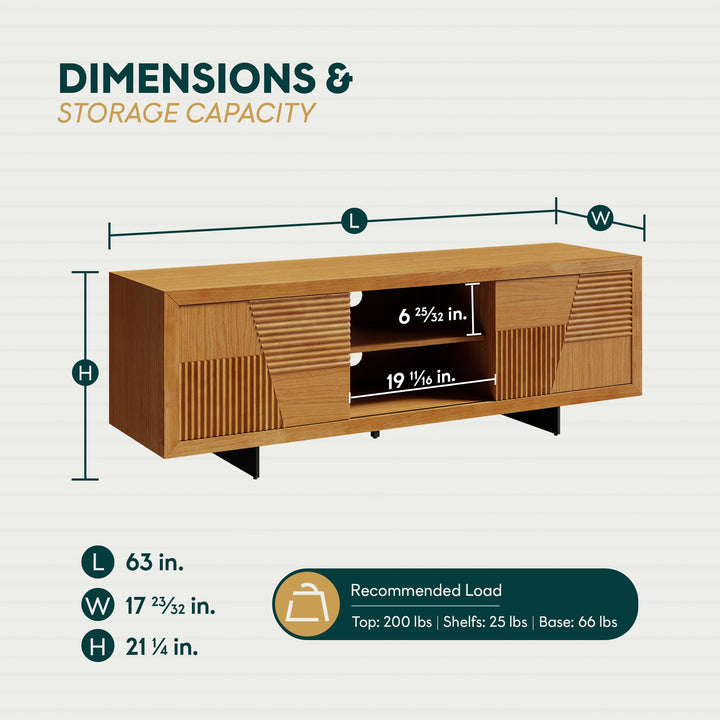 Trapeze TV stand designed with teak brown finish and media storage for living room media