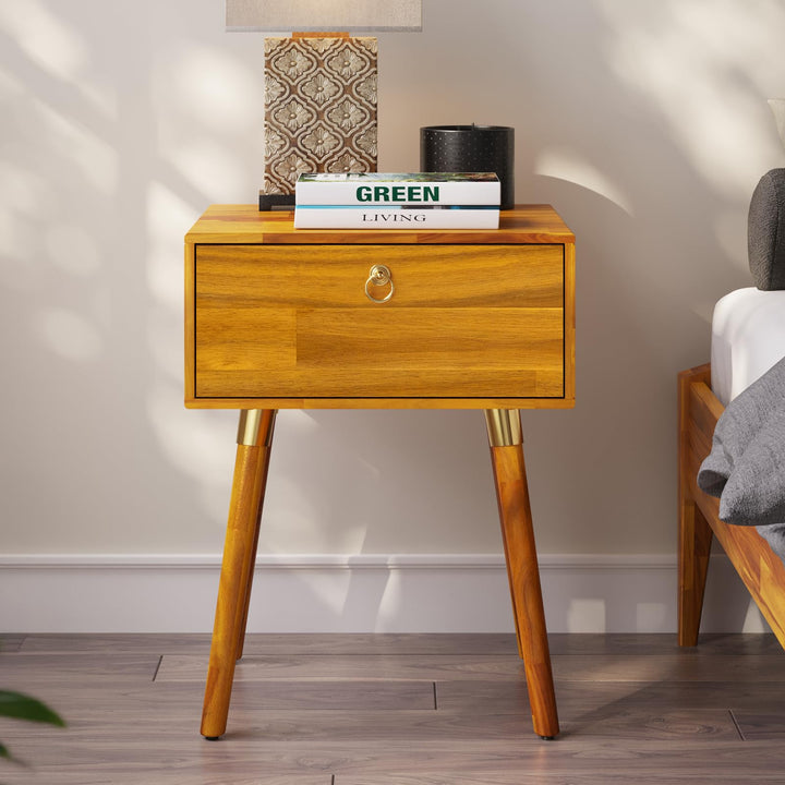 Alden 1-drawer nightstand with caramel finish and bedside storage for lamps and books