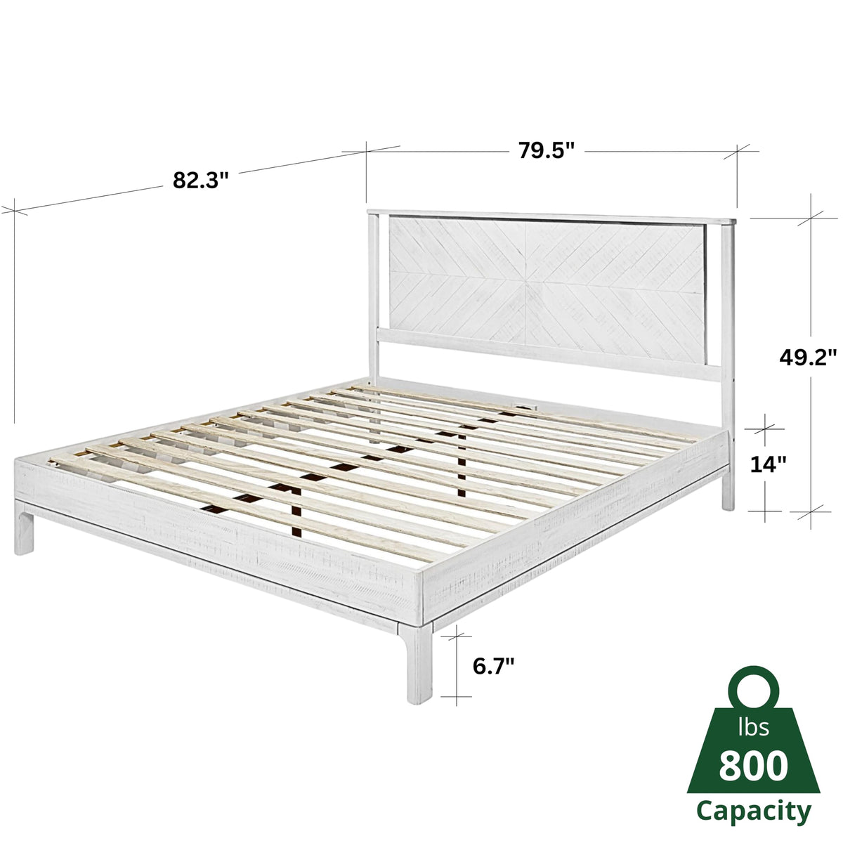 Vivian king platform bed frame, featuring headboard, acacia wood, and rustic white finish, for mattress placement