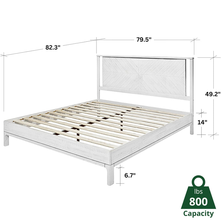 Vivian king platform bed frame, featuring headboard, acacia wood, and rustic white finish, for mattress placement