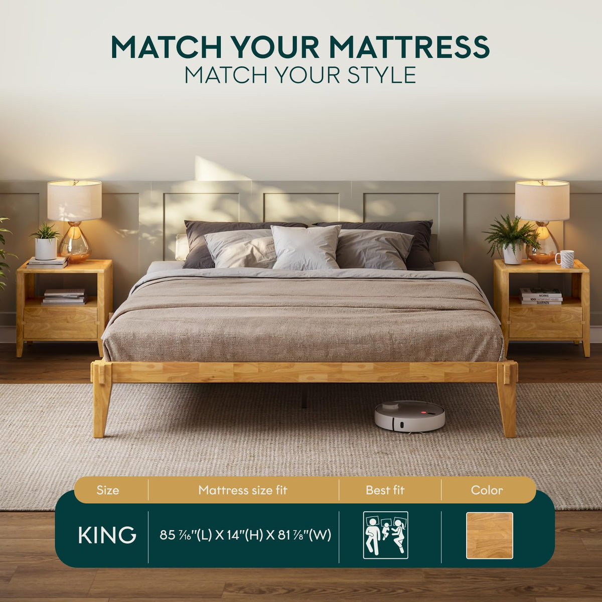 Chalipa king platform bed frame with light natural finish; for sleep-space furnishing
