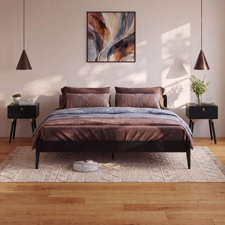 Dinkee king platform bed frame with headboard- design and black finish for bedroom setup