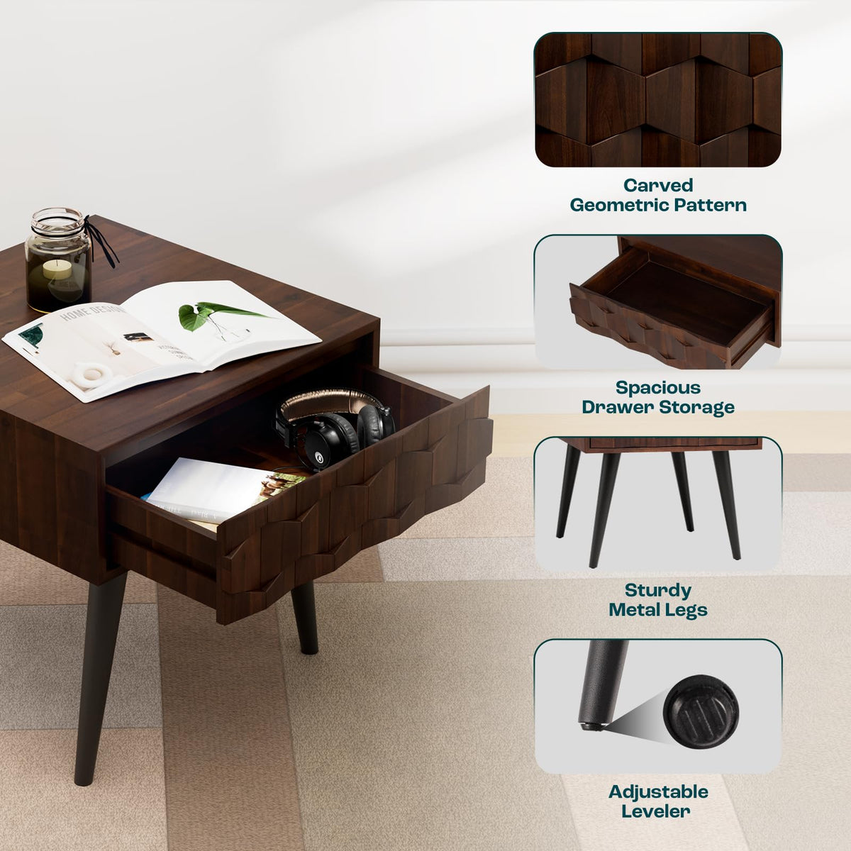 Georgina 1-drawer side table, featuring walnut finish and sofa-side or bedside table, for compact surface space