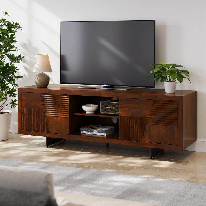 Trapeze TV stand with walnut finish and media storage for media storage