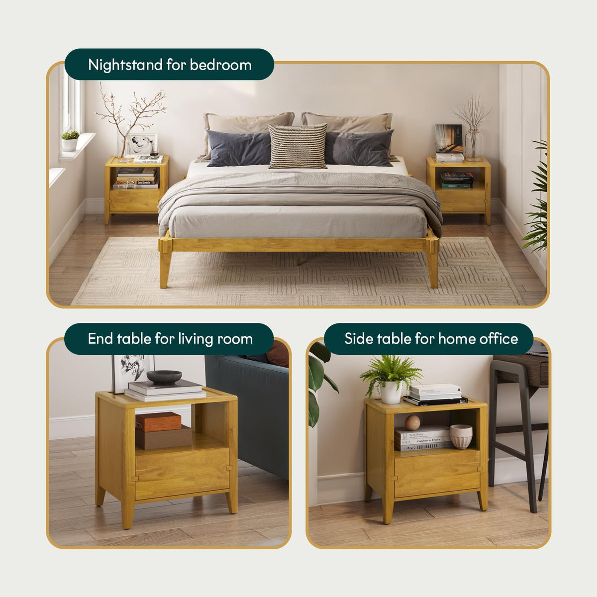 Chalipa 1-drawer nightstand with golden natural finish and bedside storage for lamps and books