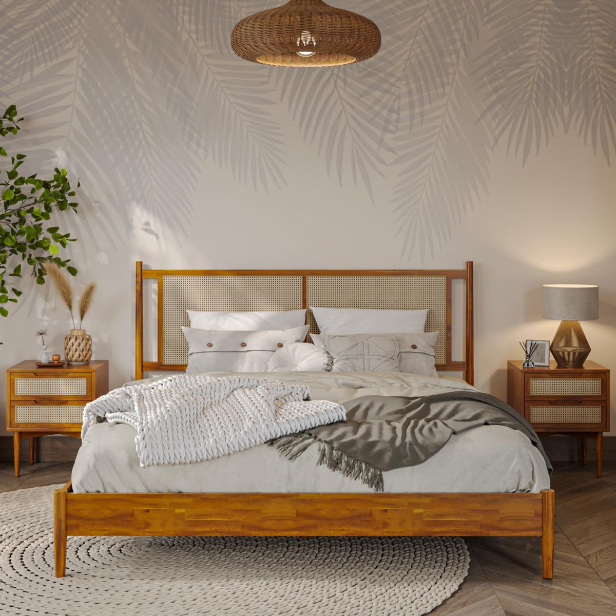 Oliver king platform bed frame with caramel finish for bedroom setup
