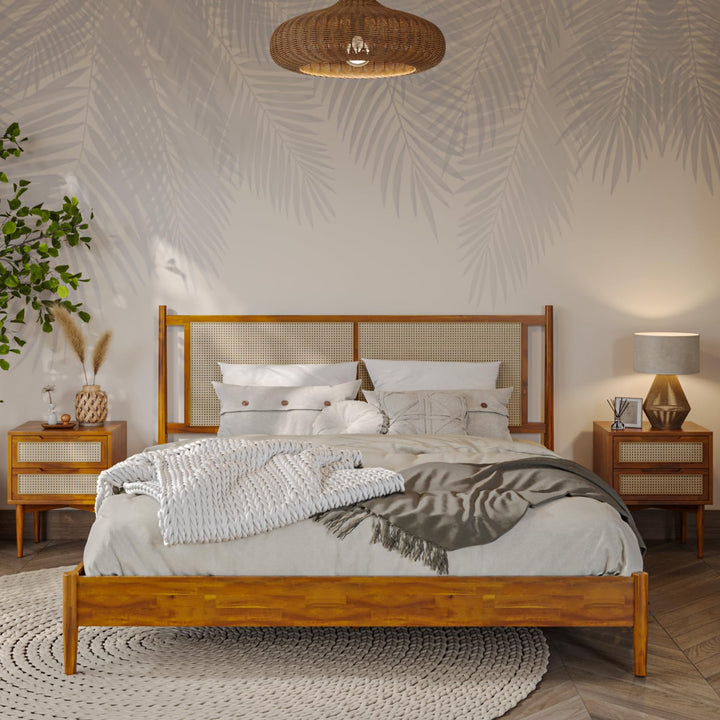 Oliver king platform bed frame with caramel finish for bedroom setup