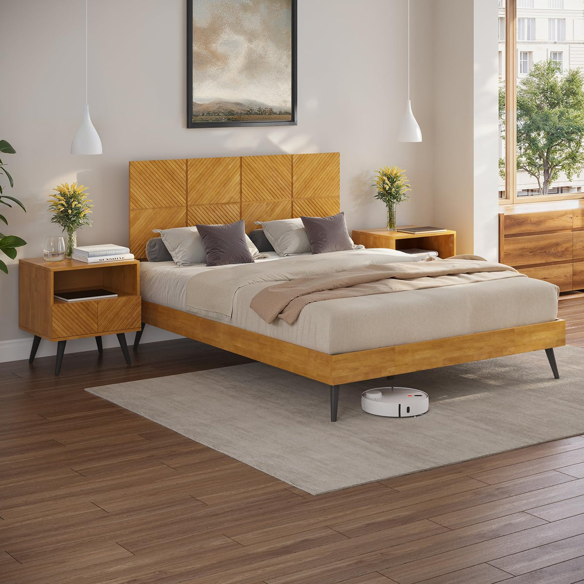 Rhombus queen platform bed frame with teak brown finish; for bedroom furniture