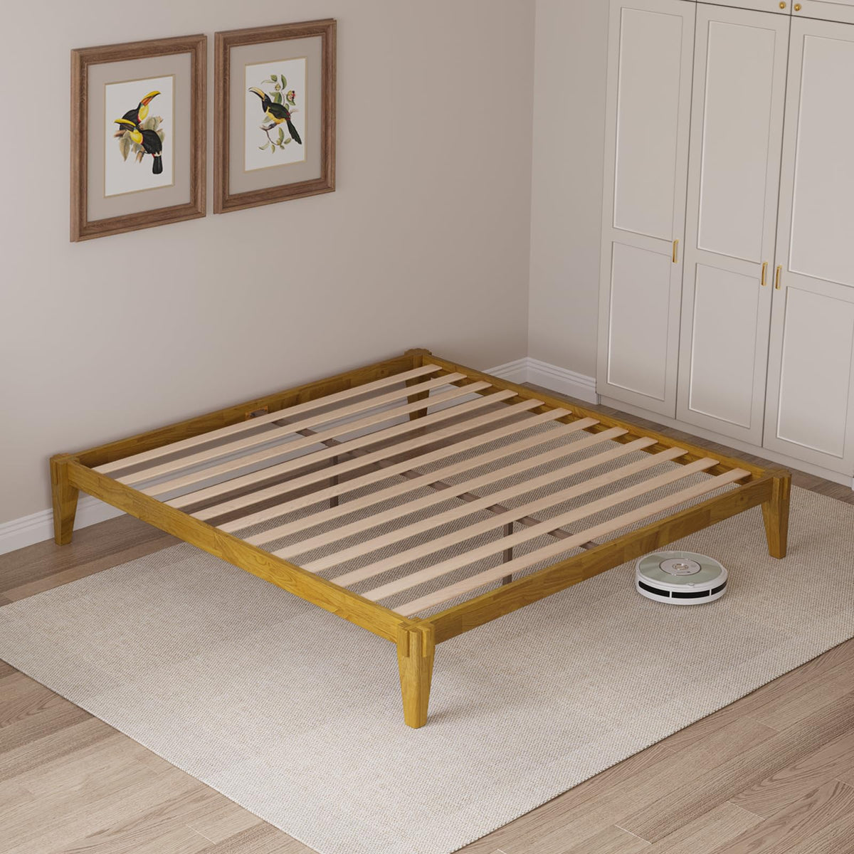 Chalipa king platform bed frame designed with headboard- design and natural finish for bedroom styling