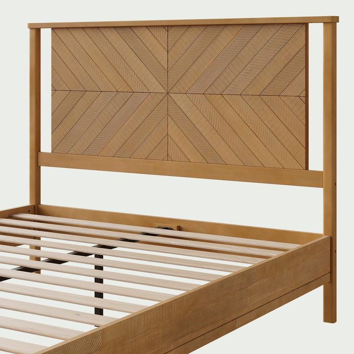 Vivian queen platform bed frame with headboard, acacia wood, and rustic seadrift finish; for sleep-space furnishing