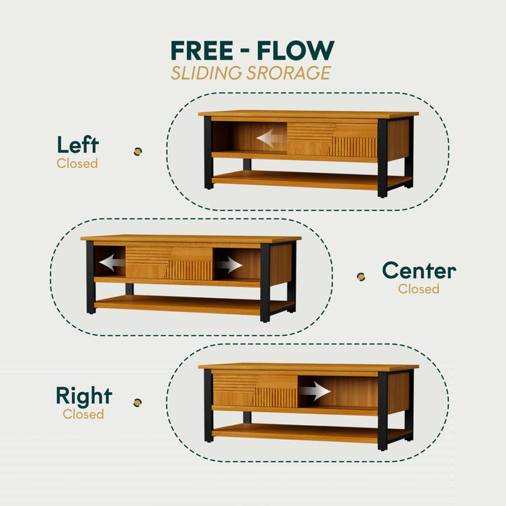 Trapeze coffee table with teak brown finish and living room table for sofa-side placement