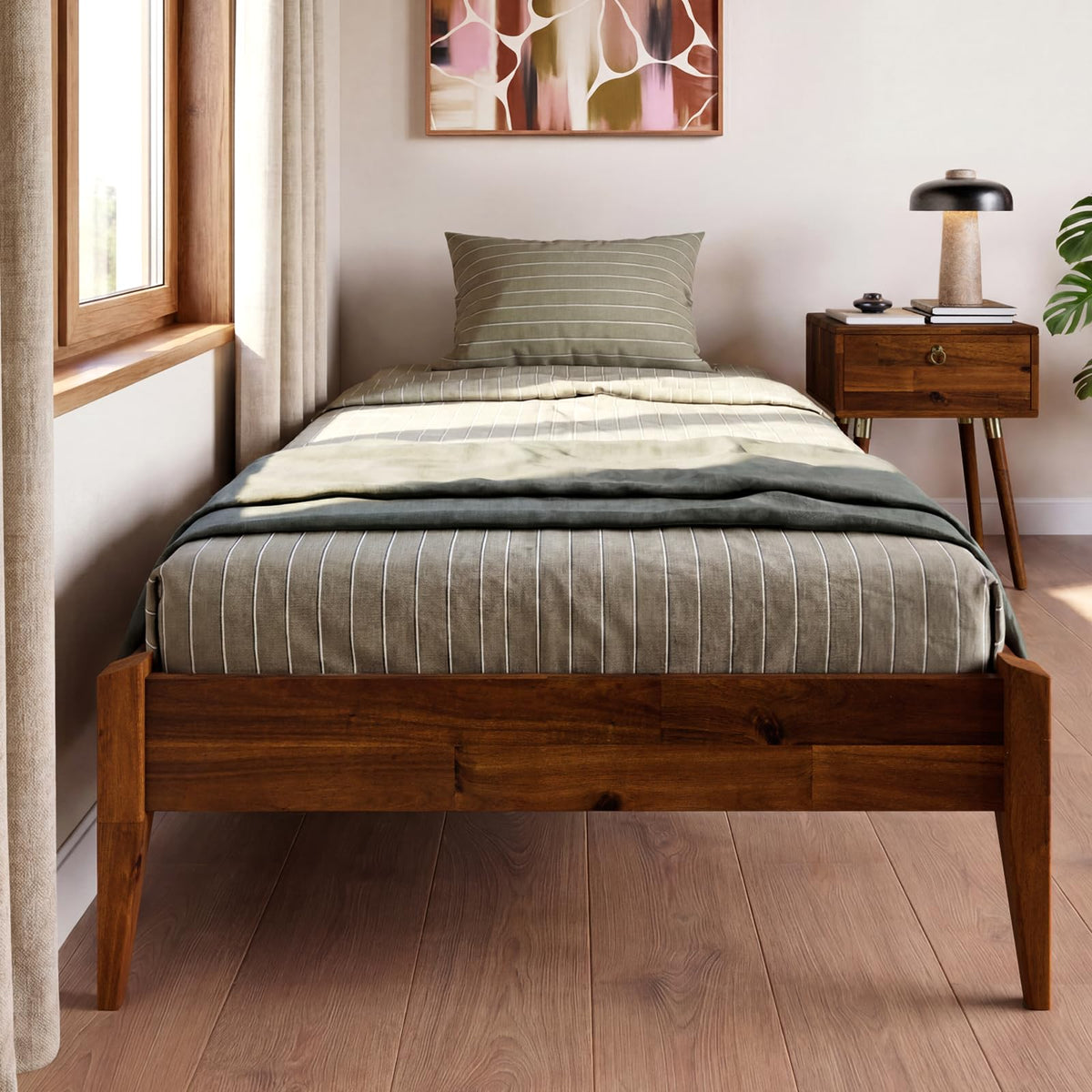 Dinkee twin platform bed frame with headboard- design and dark chocolate finish for bedroom setup