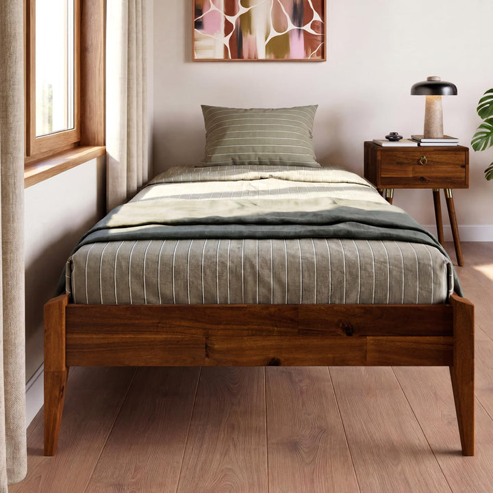 Dinkee twin platform bed frame with headboard- design and dark chocolate finish for bedroom setup