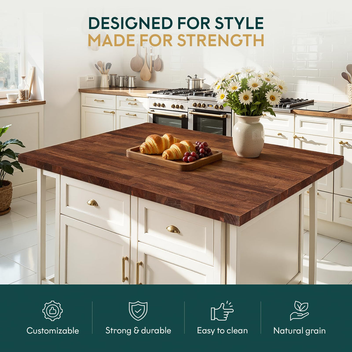 Hevea wood countertop with 4 ft x 36 in x 1.5 in and dark walnut finish; for custom work surfaces