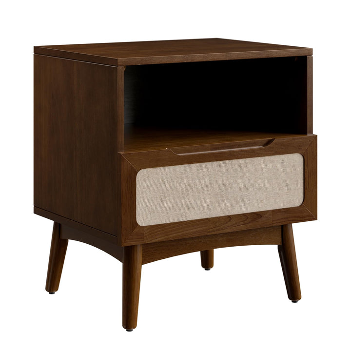 Calista 1-drawer nightstand with rubber wood veneer, chestnut finish, and bedside storage; for bedside essentials