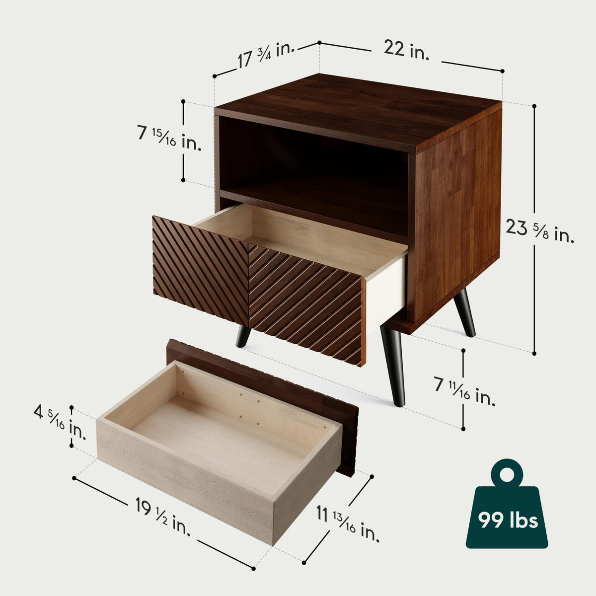 Rhombus nightstand, featuring walnut finish and bedside storage, for bedroom organization