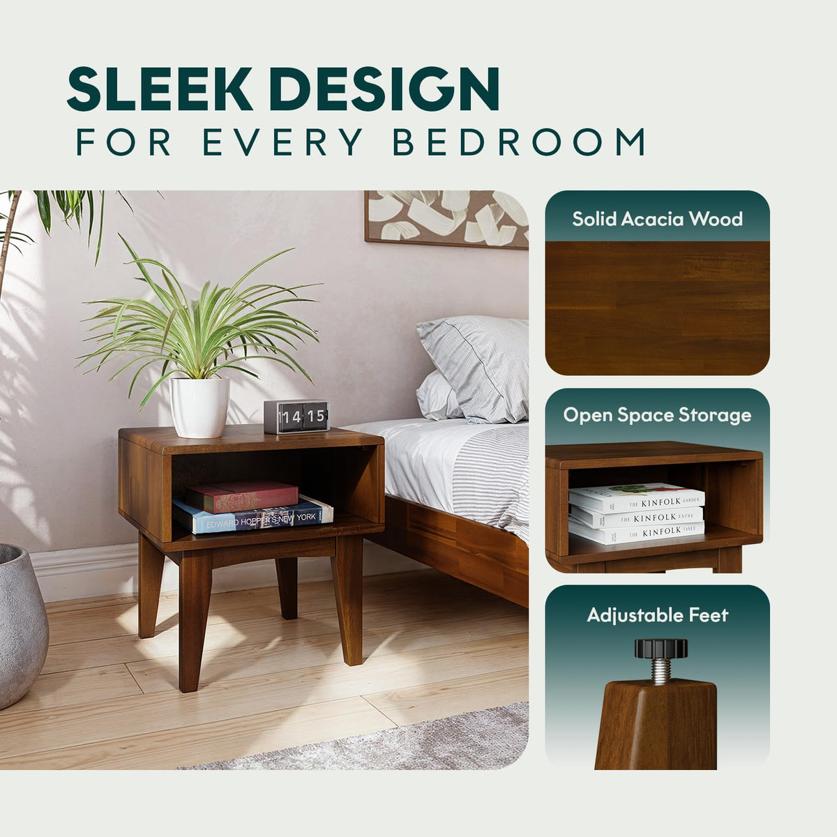 Catherine nightstand designed with teak brown finish and bedside storage as a bedside table