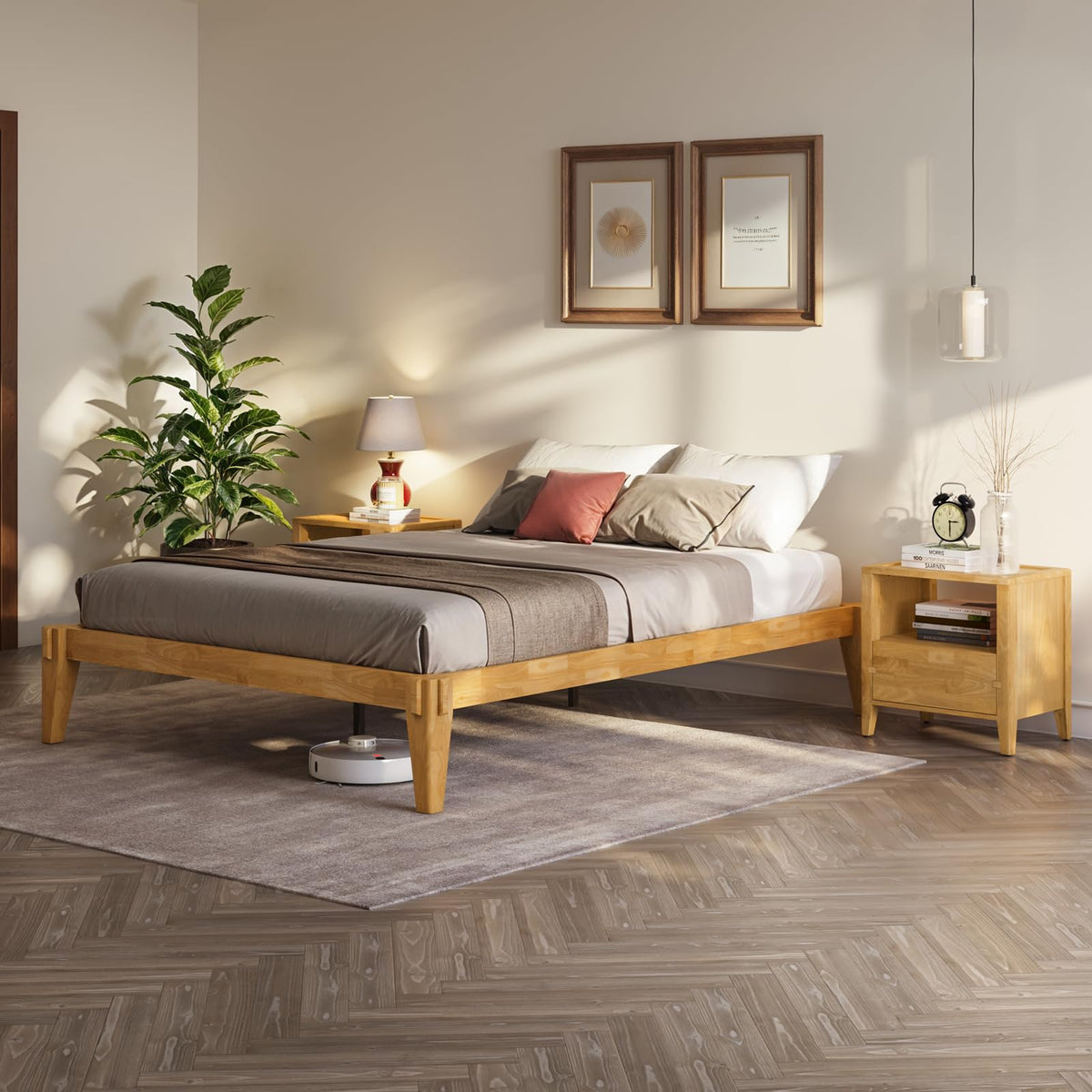 Chalipa queen platform bed frame with light natural finish; for bedroom furniture
