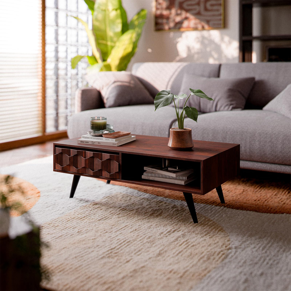 Georgina 2-drawer coffee table with walnut finish and living room table; for a central table setup