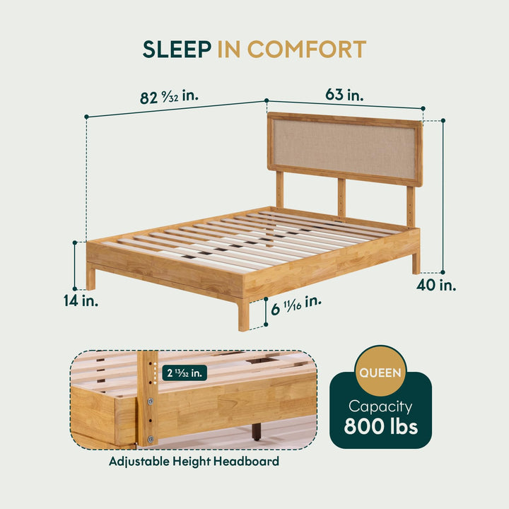 Nipe queen platform bed frame with headboard, solid rubber wood, and light natural finish; for bedroom furniture