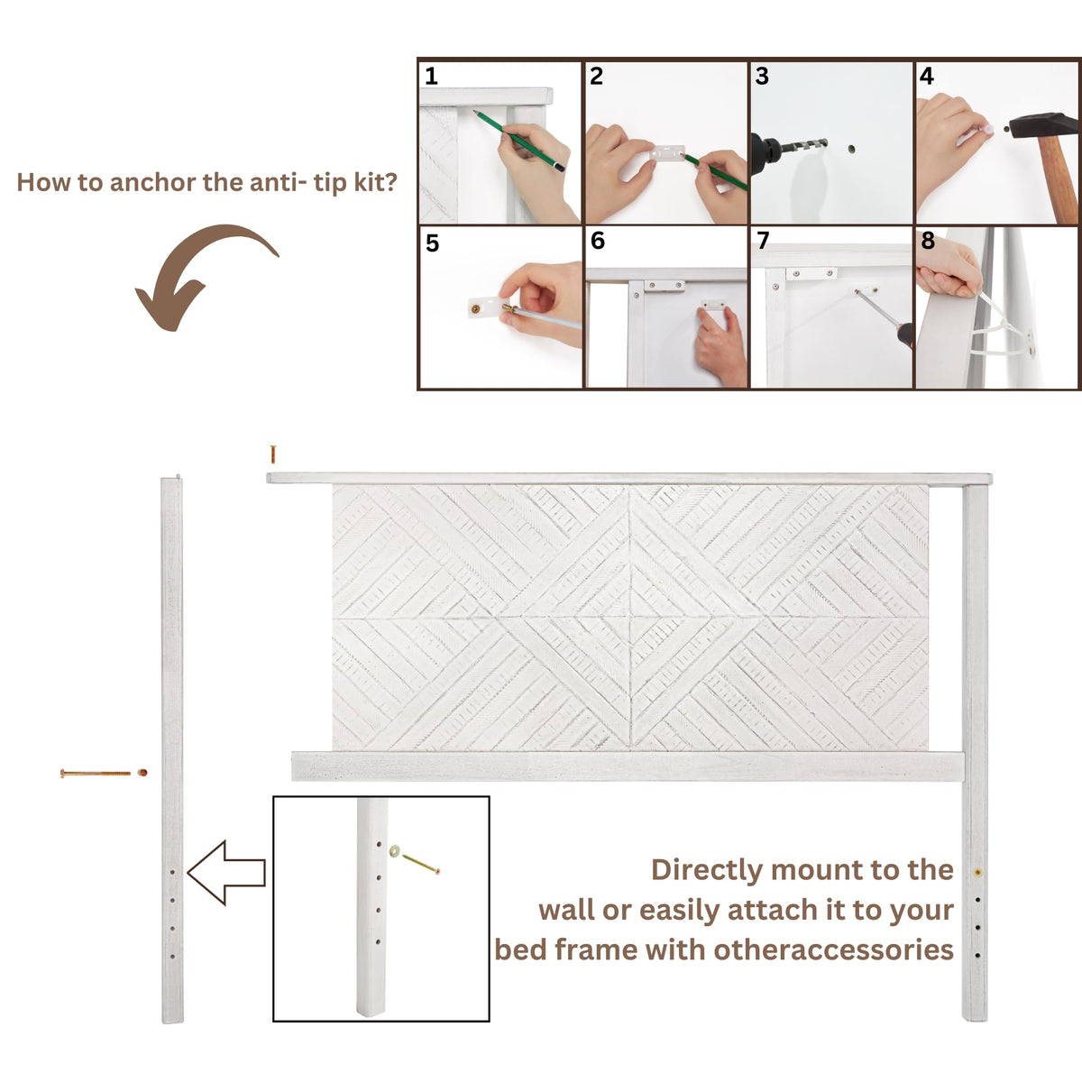 Ethan queen bed headboard with rustic white finish for platform bed pairing