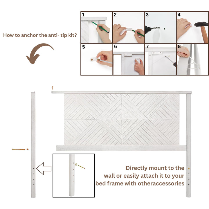 Ethan queen bed headboard with rustic white finish for platform bed pairing