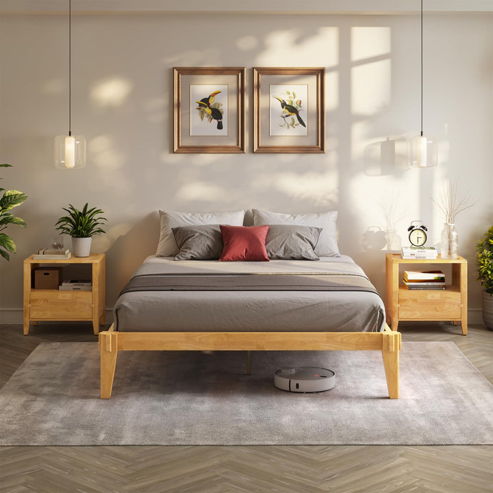 Chalipa queen platform bed frame with light natural finish for bedroom setup