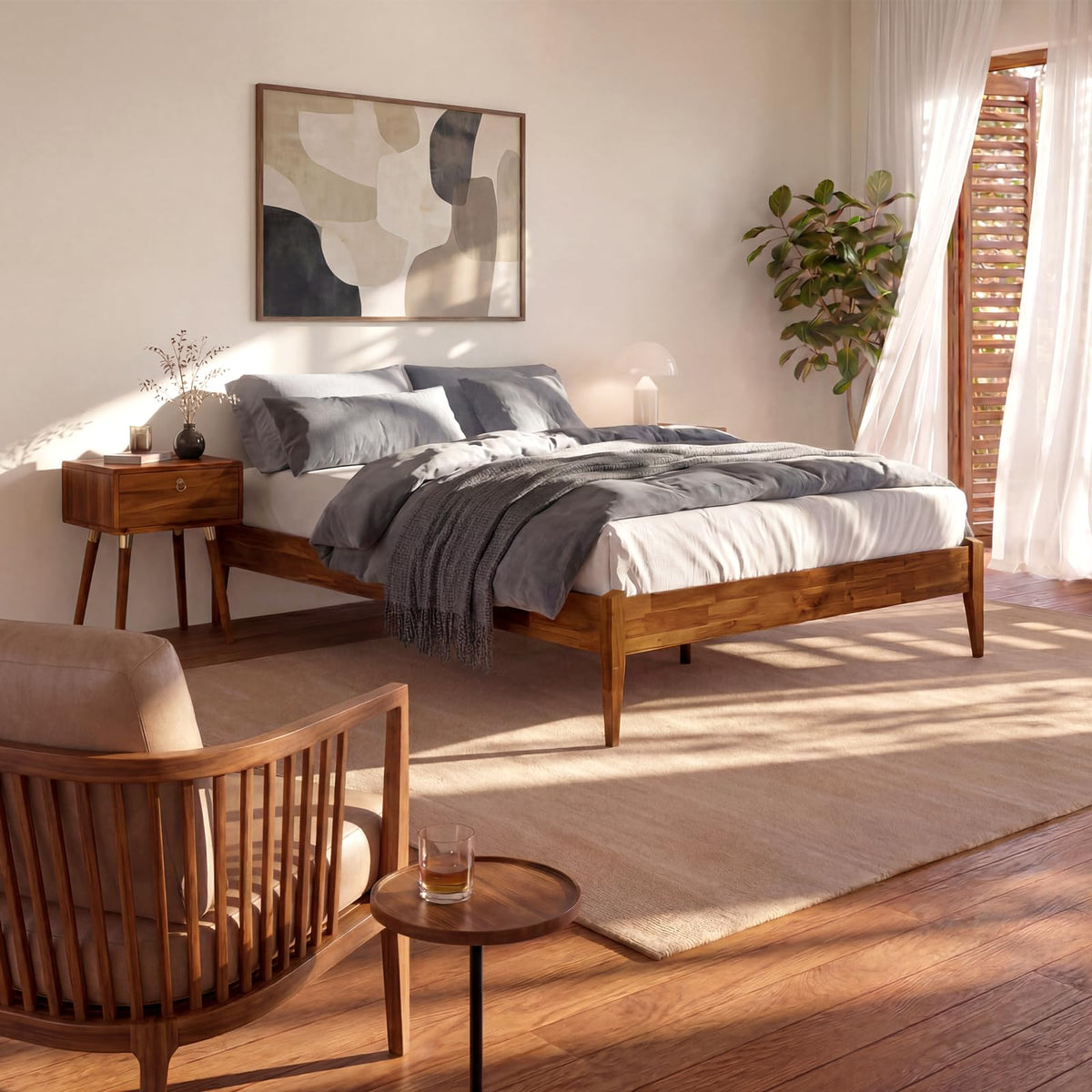 Dinkee queen platform bed frame with headboard- design and dark chocolate finish for mattress and bedroom setup
