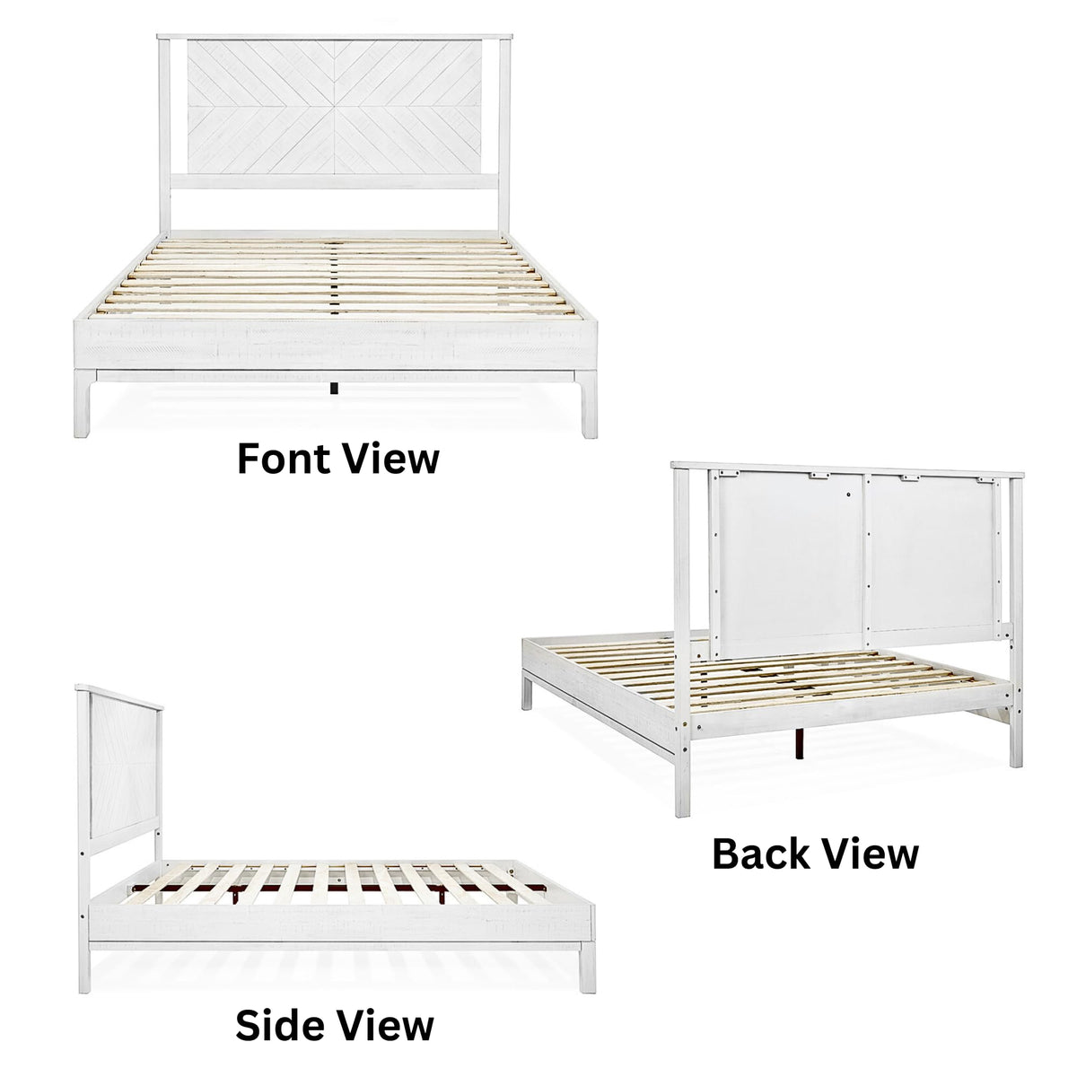 Vivian queen platform bed frame with headboard, acacia wood, and rustic white finish; for bedroom furniture